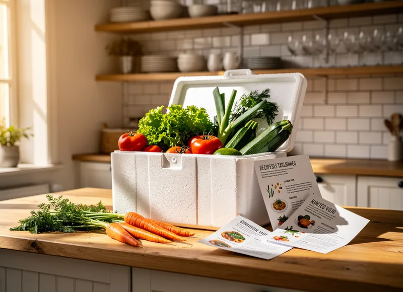 Matkasse med färska ingredienser och receptkort på köksbänk